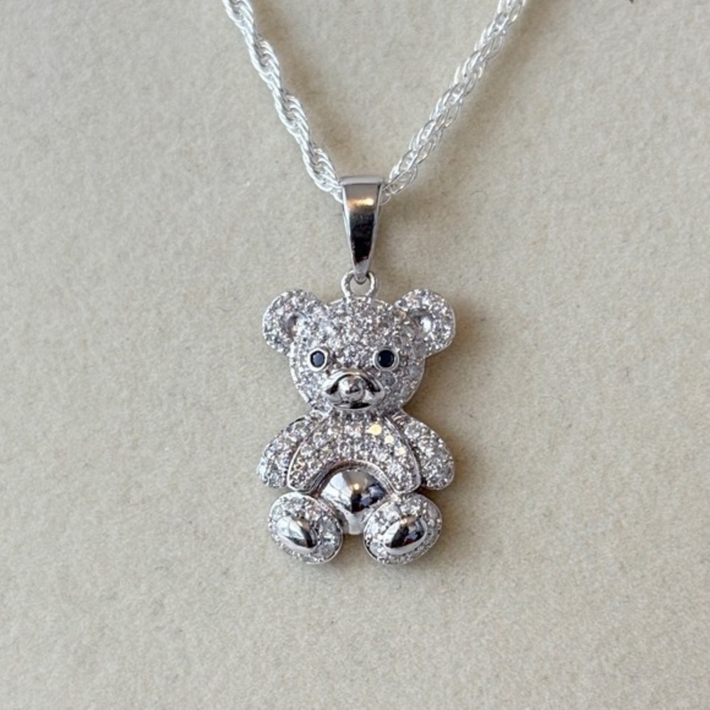 Moissanite 925 Sterling Silver Teddy Bear Necklace with Black Moissanite Eyes